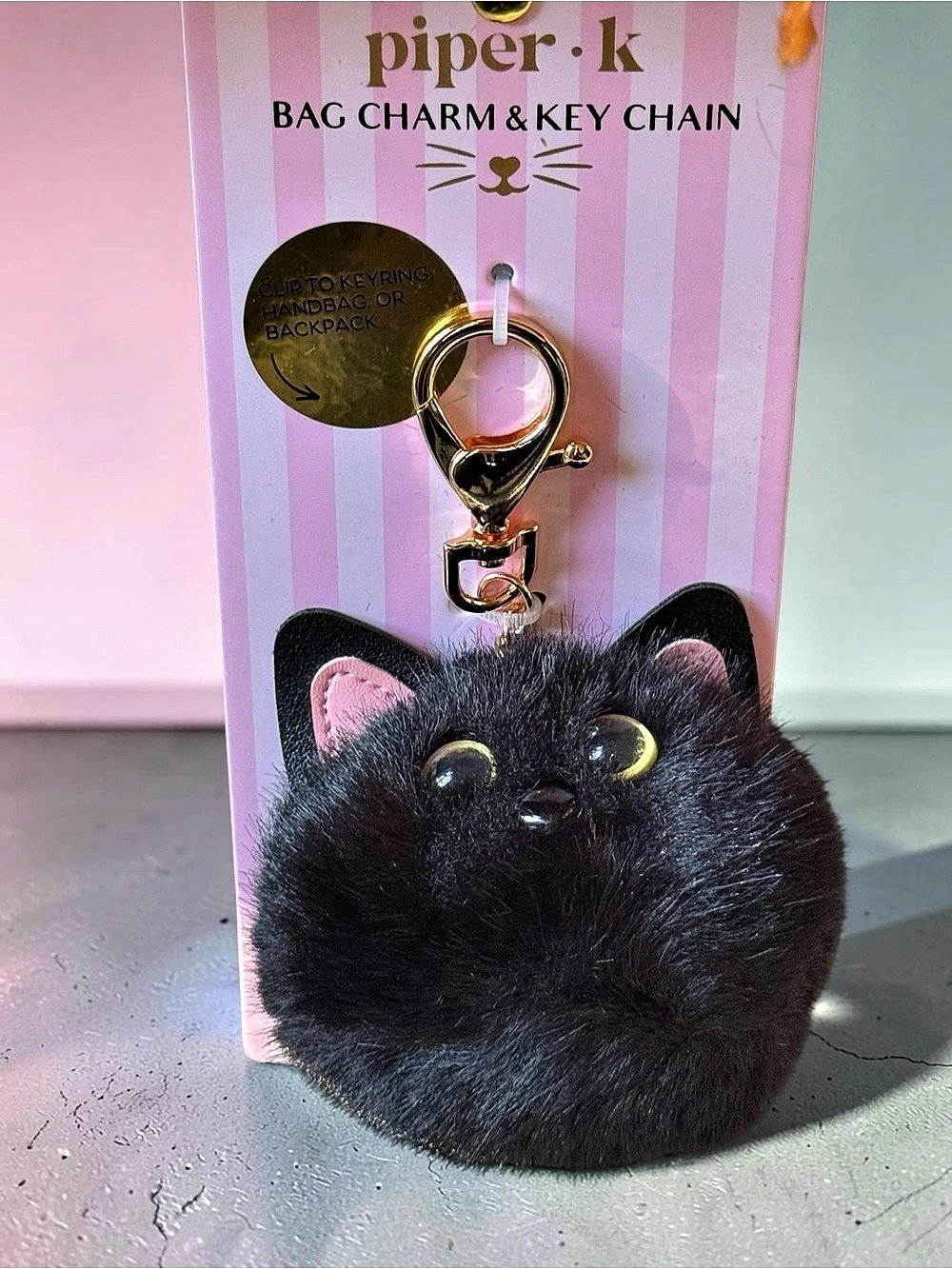 piper.k Cat Bag Charm & Key Chain Black & Pink NWT